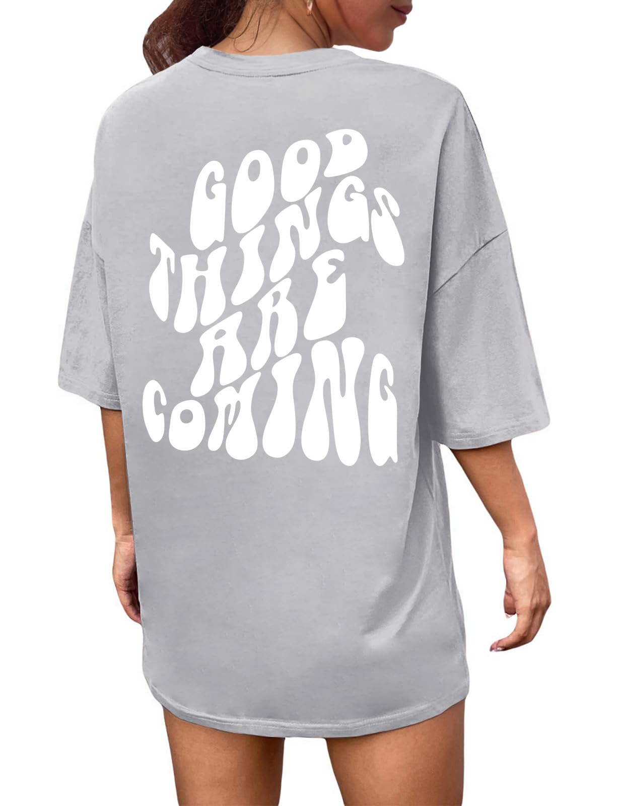 CMTOP T-Shirt Damen Oversize Shirt Hemden mit Kreativen Buchstaben Lose Rundhals Kurzarm Baumwolle Casual Tops Bluse Oberteil Sommer Basic Shirt Lang Top Sportshirt