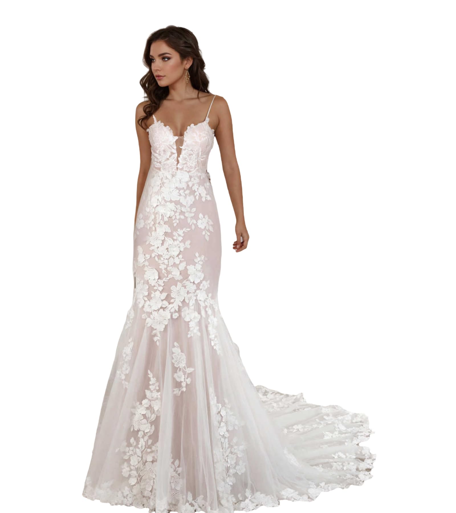 HUINI Spaghettiträger Tüll Spitze Brautkleider für Braut Lange Applikationen Meerjungfrau Brautkleid