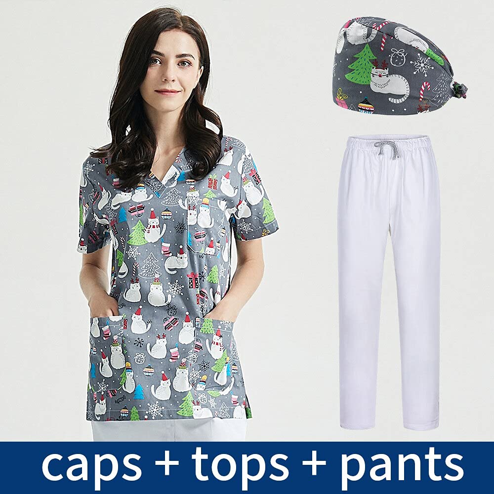 Scrub Uniform Top Clothes Wrap Top with Multiple Cotton Animal Flower Print Beauty Women Work-wear Lab Pet Shop