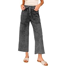 Medium Grey Mineral Wash Lace-up High Waist Raw Hem Patched Pocket Pants Womens Wide Leg Pants