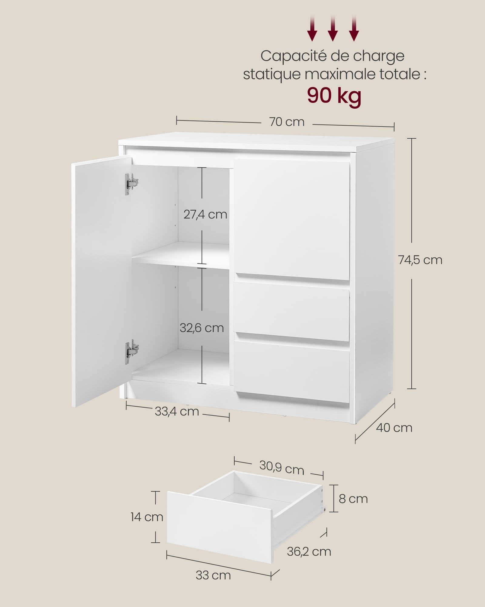 VASAGLE Kailyn Collection - Buffet, Armoire de Rangement, avec Porte et Étagère Réglable en Hauteur, 2 Tiroirs, Moderne, 70 x 40 x 74,5 cm, pour Salon, Salle à Manger, Bureau, Blanc Nuage BBK243W01V1