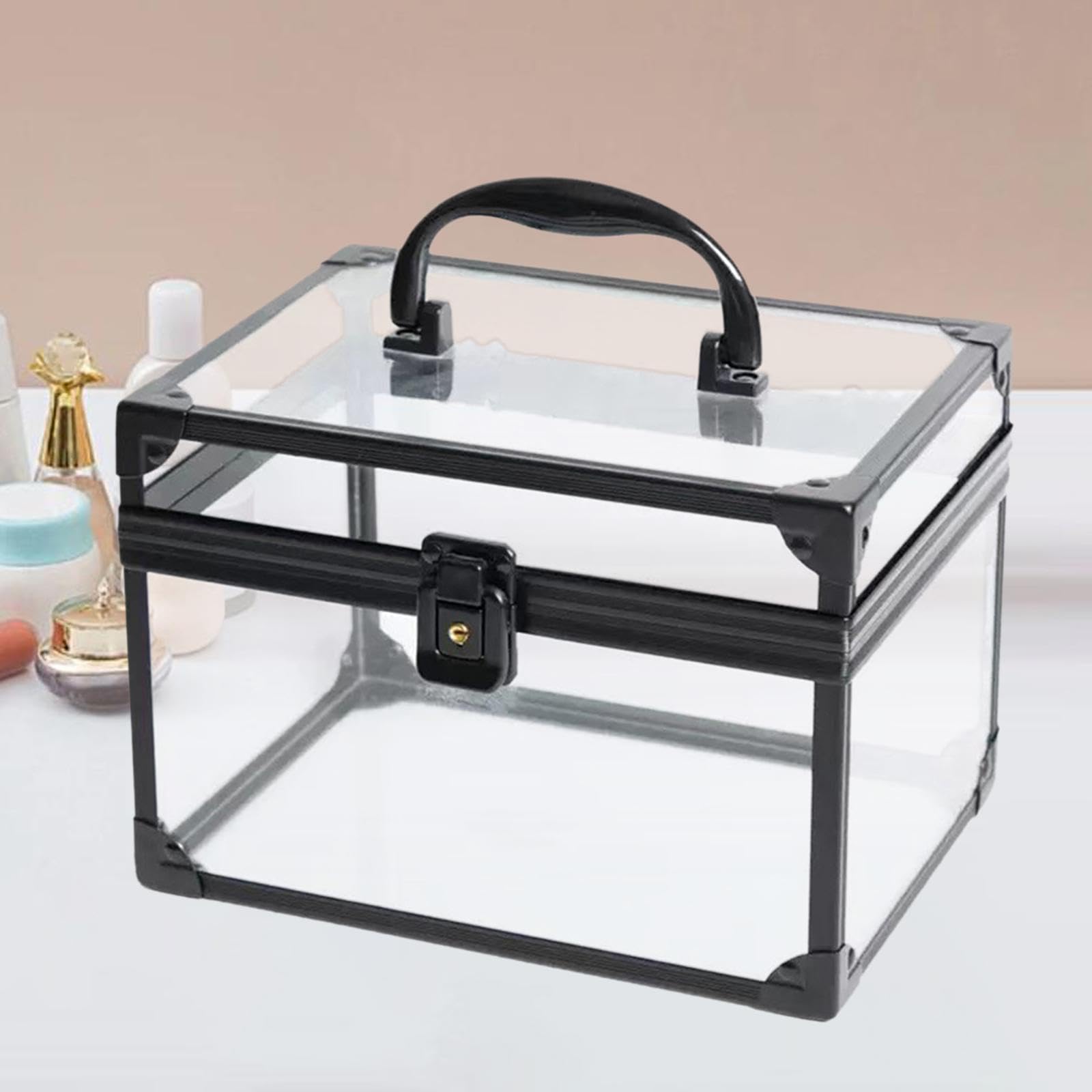 Generic Make Up Organizer Acryl Schminkaufbewahrungsbox Kosmetikkoffer mit Durchsichtigem Gehäuse Und Sicherheitsverschluss Ideal für Persönliche Kosmetikarti, Schwarz