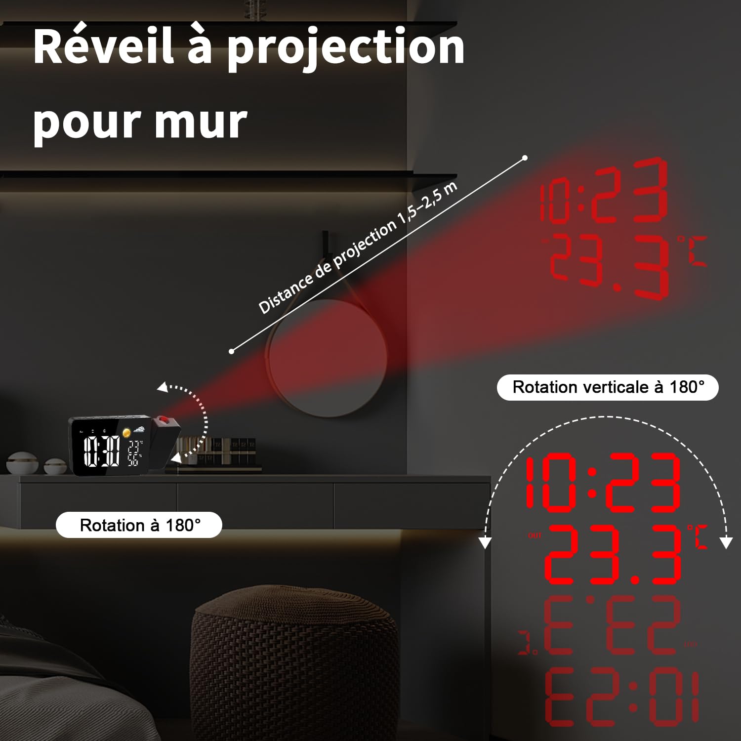 Uzoli EM3211A Réveil-projecteur Plafond LED avec Prévisions Météo 8h, Température et Humidité, 2 Alarmes, Snooze, Projection Rotative 180°, 10 Sonneries