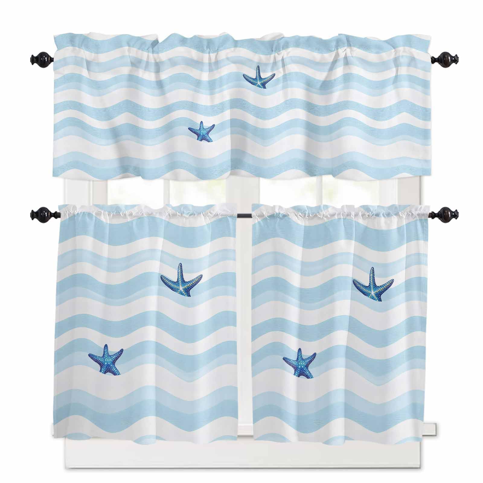 Blue White Striped Kitchen Curtains 36 Inch Length, 3 Piece Rod Pocket Small Half Tiers and Valance Set, Starfish Coastal Waves Small Large Window Treatment Decor for Bedroom/Bathroom Sink