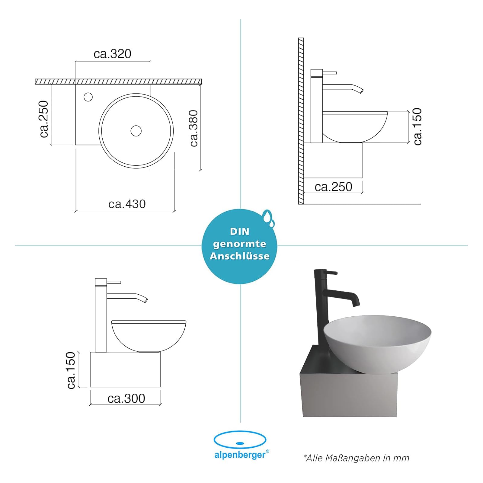 Alpenberger Mini Waschbecken ohne Hahnloch | Bathroom Sink Waschtisch | Waschschale Handwaschbecken Weiß | Hängewaschbecken mit Keramikversiegelung | Aufsatzwaschbecken Rund für Bad & Gäste-WC