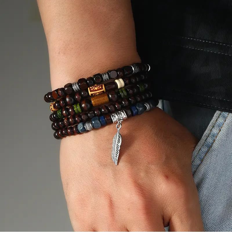 FIRAZIO 32 Pcs Wooden Beaded Bracelets for Men Adjustable Pulseras Para Hombres Set, Mens Bracelet Meaningful Gift2