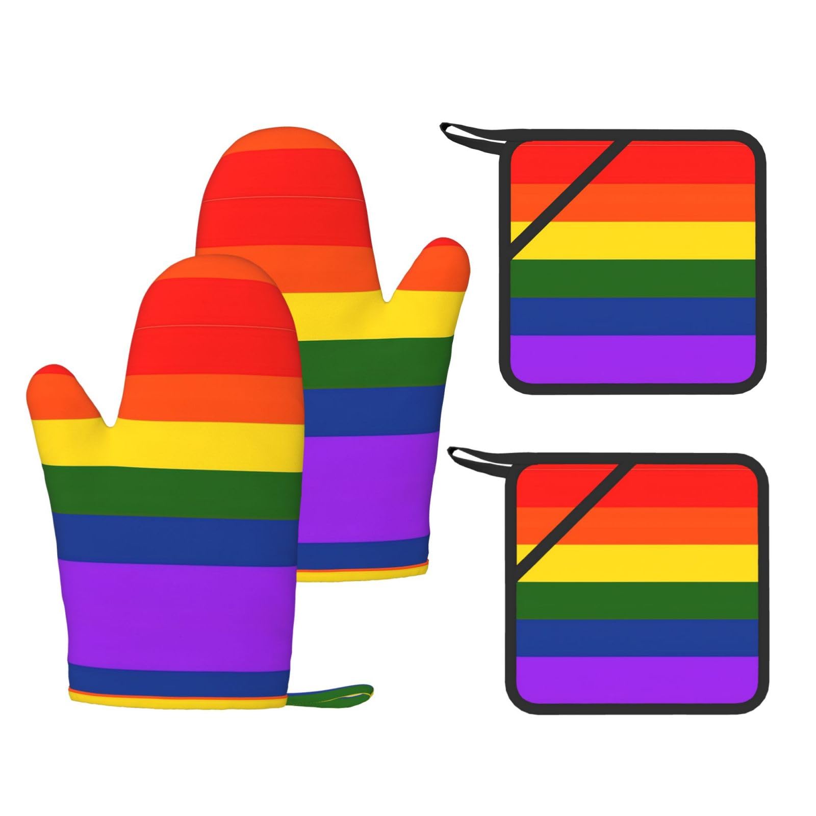 Rainbow Flag Printed Cooking Mitts and Pot Holders 4 Pcs, Heat Resistant Oven Gloves with Hanging Loop Chef