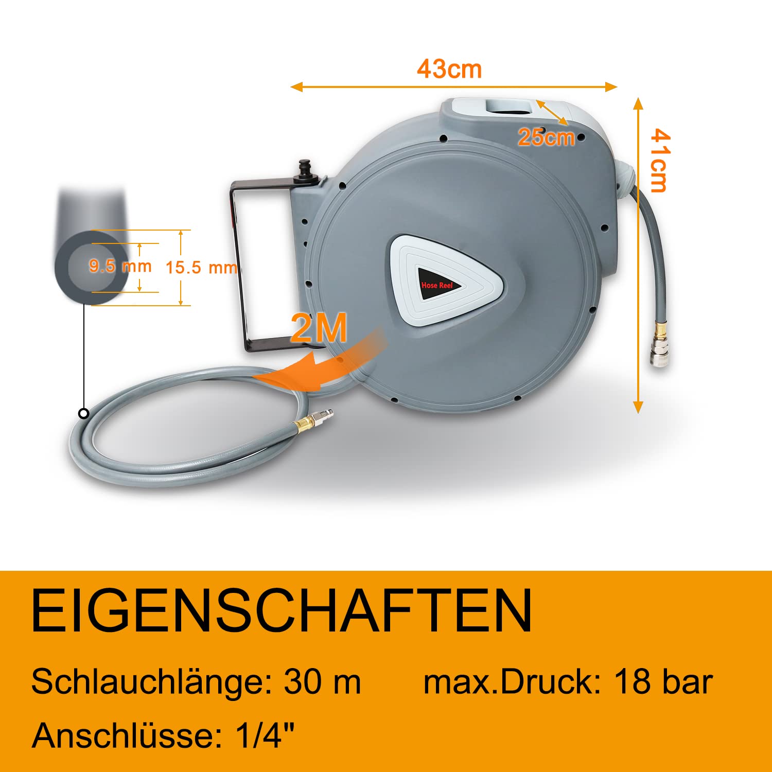 Druckluftschlauch Aufroller automatisch mit 30m Schlauch, 1/4' Anschluss, 180° Schenkbar Wand-Schlauchbox Schlauchaufroller, Schlauchtrommel Abroller