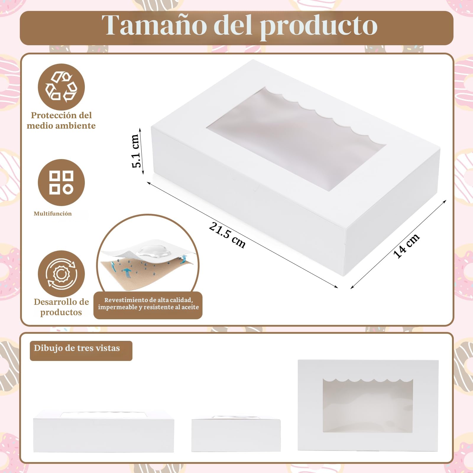 Caja de Reposteria Carton de 20 Piezas, 21,5 x 14 x 5,1 cm Caja de Regalo con Ventana Transparente para Galletas, Pastelería, Bizcochos, Blanco