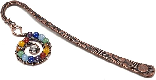 Miniatura 4 de Jovivi Marcapáginas de metal de cobre antiguo con cuentas hechas a mano con 7 cristales curativos de chakras, árbol de la vida, piedras preciosas