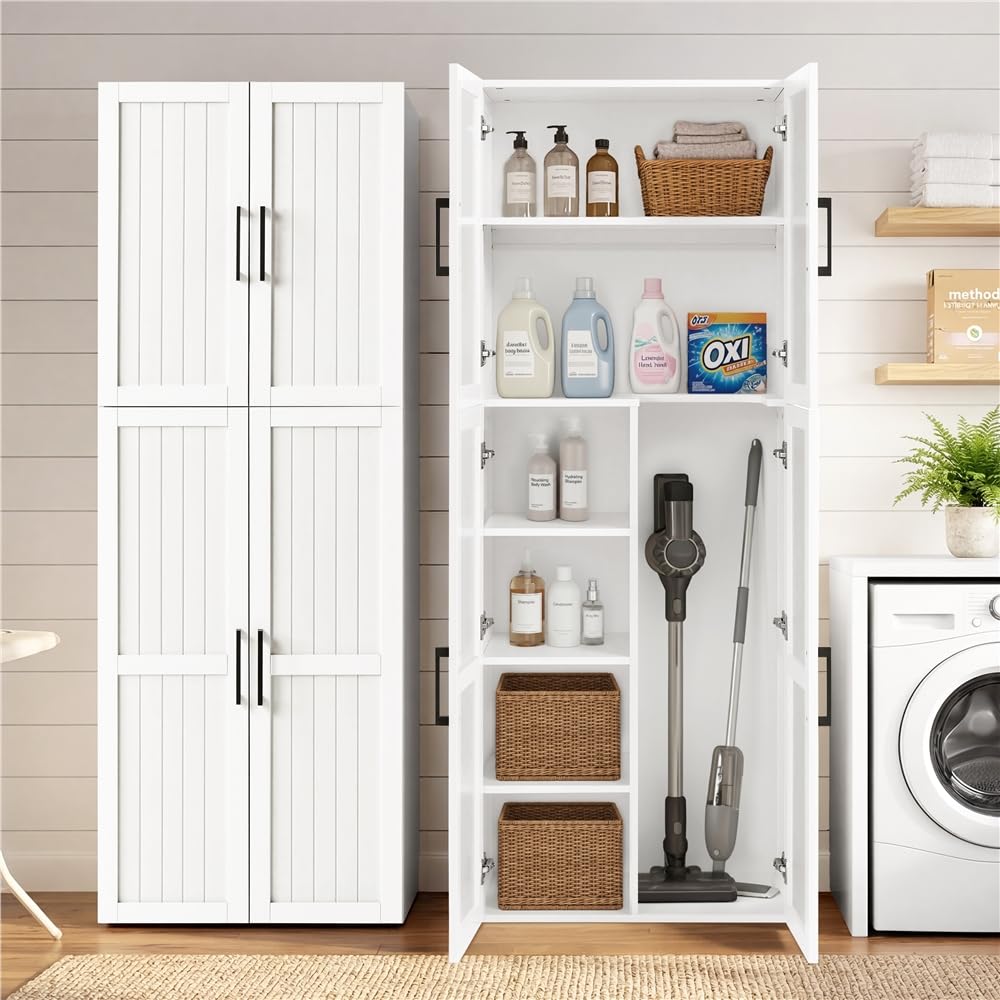 Yaheetech Armario de Almacenamiento Mueble Multiuso Estrecho Blanco | de 175,5cm de Altura y 37,5cm de Profundidad, con 4 Puertas y Compartimento para Aspiradora