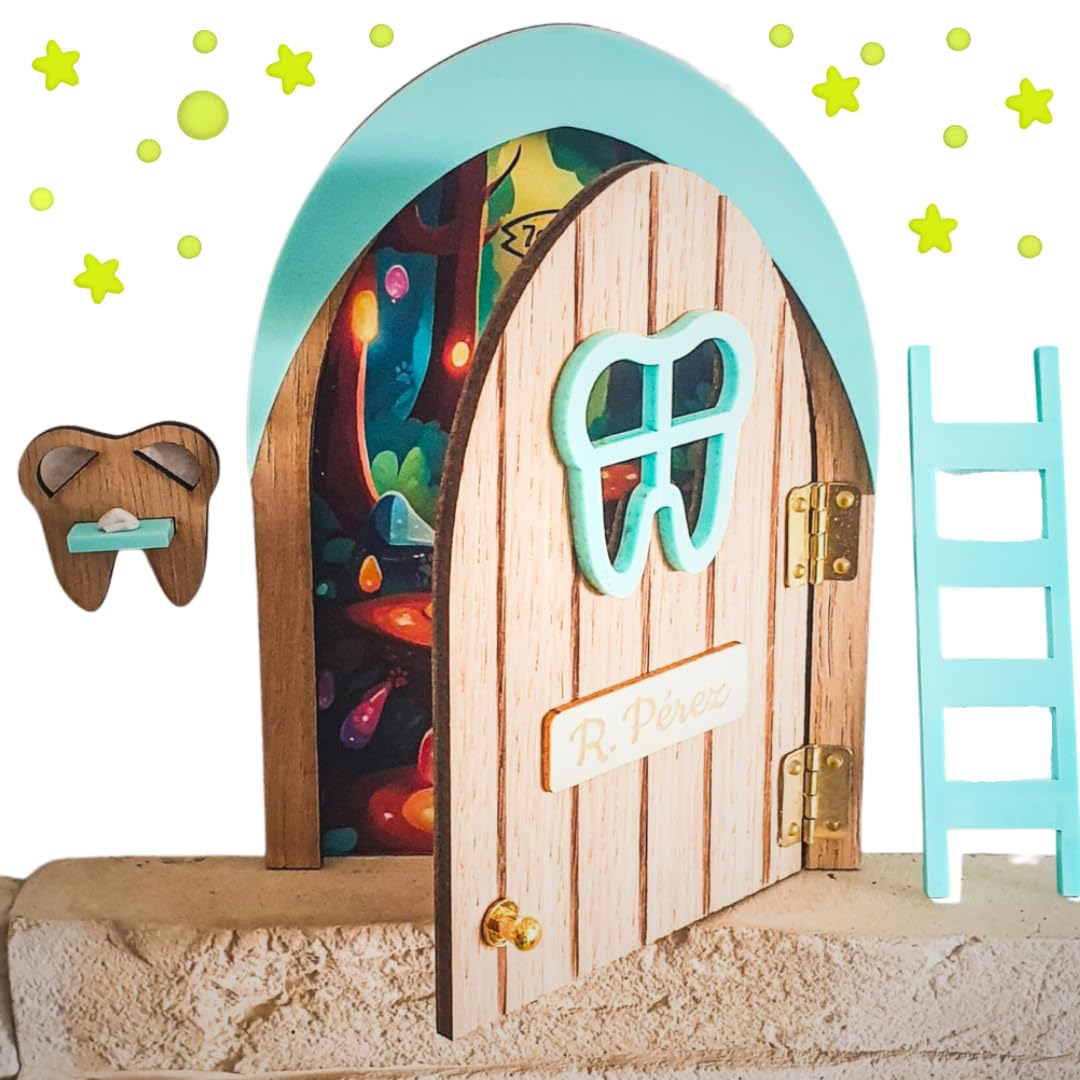 7GANSOS Nueva Puerta Ratoncito Perez que SE ABRE hecha en MADERA Y MINT Pieza chapada en roble con ESTRELLAS QUE SE ILUMINAN. Diseñada para decorar una habitación infantil mágica. HECHO EN ESPAÑA