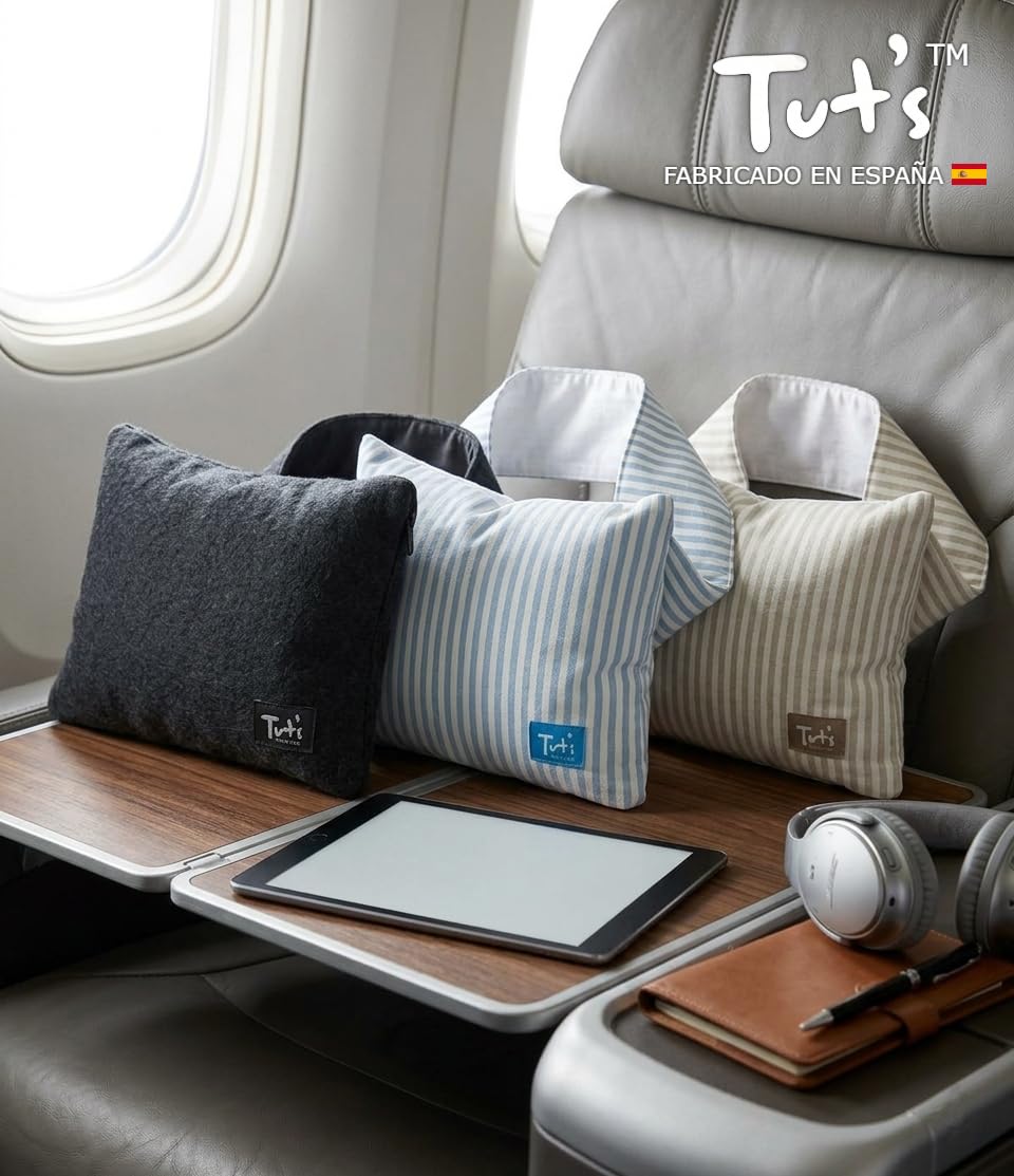 Tut's Almohada de Viaje, Almohada Bandolera Firme, Transpirable y Lavable, Cojín Cervical y Lumbar, Apoyo de Brazos, Adaptable y Regulable – Negro, Beige y Celeste – Fabricado en España (Beige)