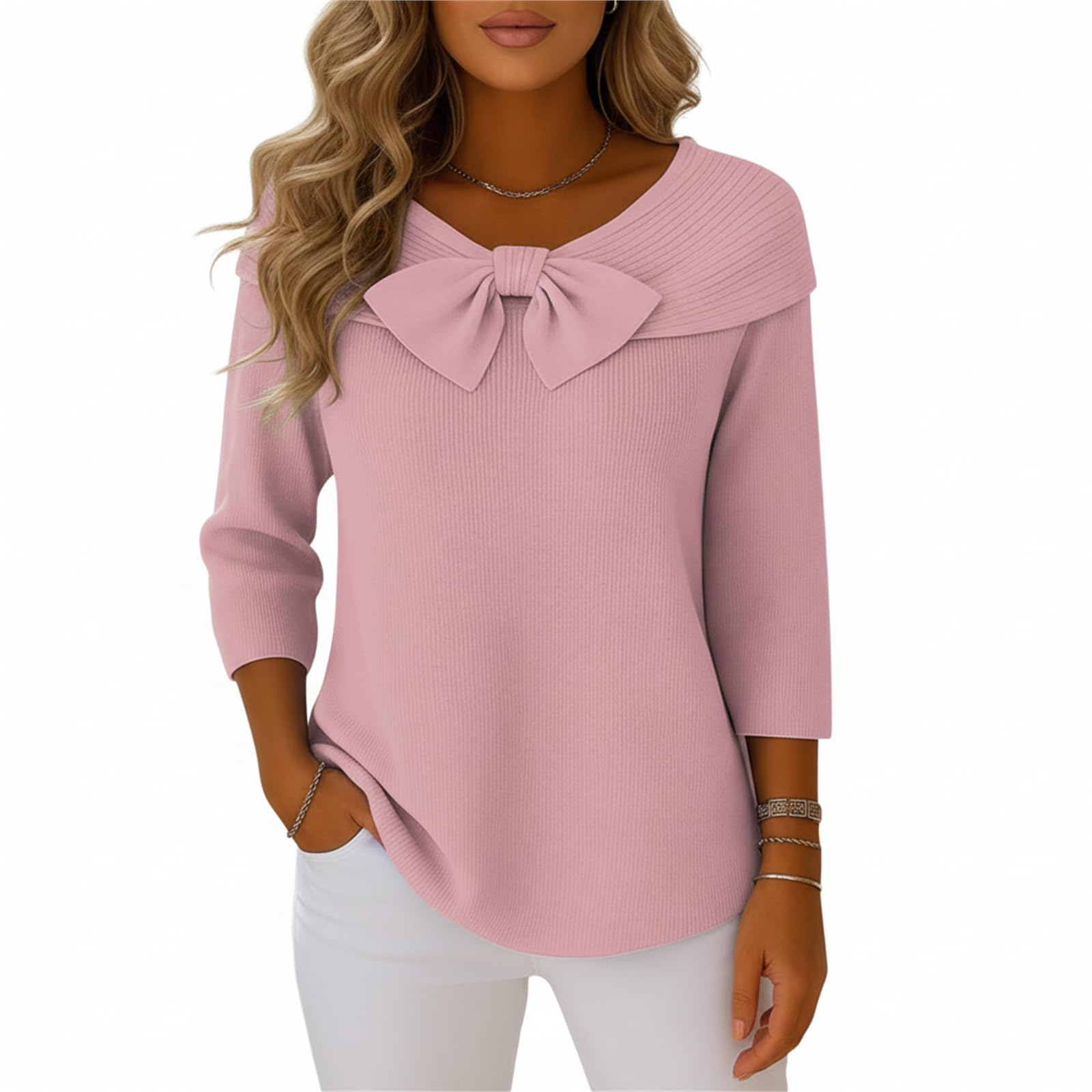 Womens Knit Bow Tie Neck Sweater Crew Neck 3 4 Sleeve Ribbed Solid Color Fall Cozy Winter Tunic