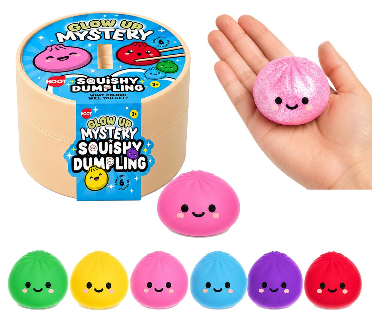 Glowup Dumpling Toys 8.5cm - 6x Random Squishy Bao Bun with Plastic Steamer Box, Fidget Mystery Squeeze Toy, Reusable Basket, Kids Party Bag Gift Age 3+