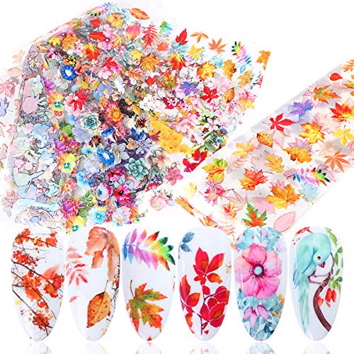 Fall Nail Art Transfer Foils Autumn Maple Leaf Nail Art Foil Decals, 10pcs Holographic Laser Nail Art Supplies Flower Lavender Foil Starry Sky Nail Stickers Set for Women Manicure Tips Decorations