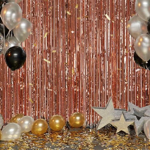 Image of DECOCKRAT 3 Pack Foil Fringe Backdrop - Rose Gold Shiny Tinsel Curtains for Party Decoration /Photo Booth Props - 3.3x8.2 FT Metallic Foil Backdrop for Birthday, Wedding, Graduation, Christmas.