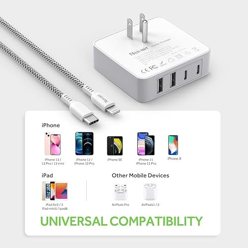 Miniatura 7 de Nekmit Cargador USB C, cargador de pared delgado plano de 4 puertos de 52 W con cable USB-C a Lightning de 6.6 pies, dos entrega de energía de 20 W