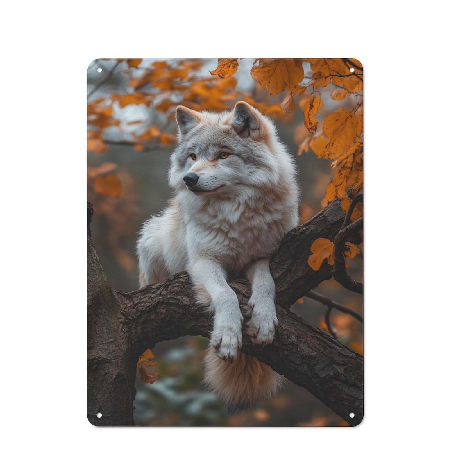 Junmoney Style-17 Wolf In Autumn Tree Rustic Metal Plaque 40X30cm For Café Or Restaurant, Wall Decor For People Reorganising Café And Restaurant