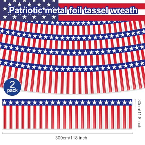 Image of 2 Pack 1.2 x 20 ft Patriotic Red White Blue Metallic Foil Fringe Garland, American Flag USA Streamers, Stars & Stripes Tinsel Banner for 4th of July, Memorial Day, Independence Day Decorations