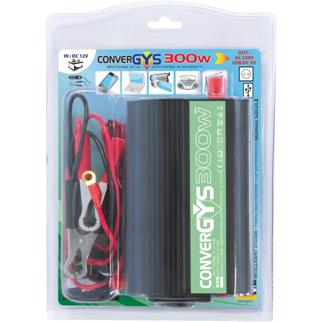 GYS - Convergys 300 - Convertisseur Mobile - Inverter - 230V - 12V vers 230V - 300W - avec Prise Allume-Cigare et Pinces Batterie