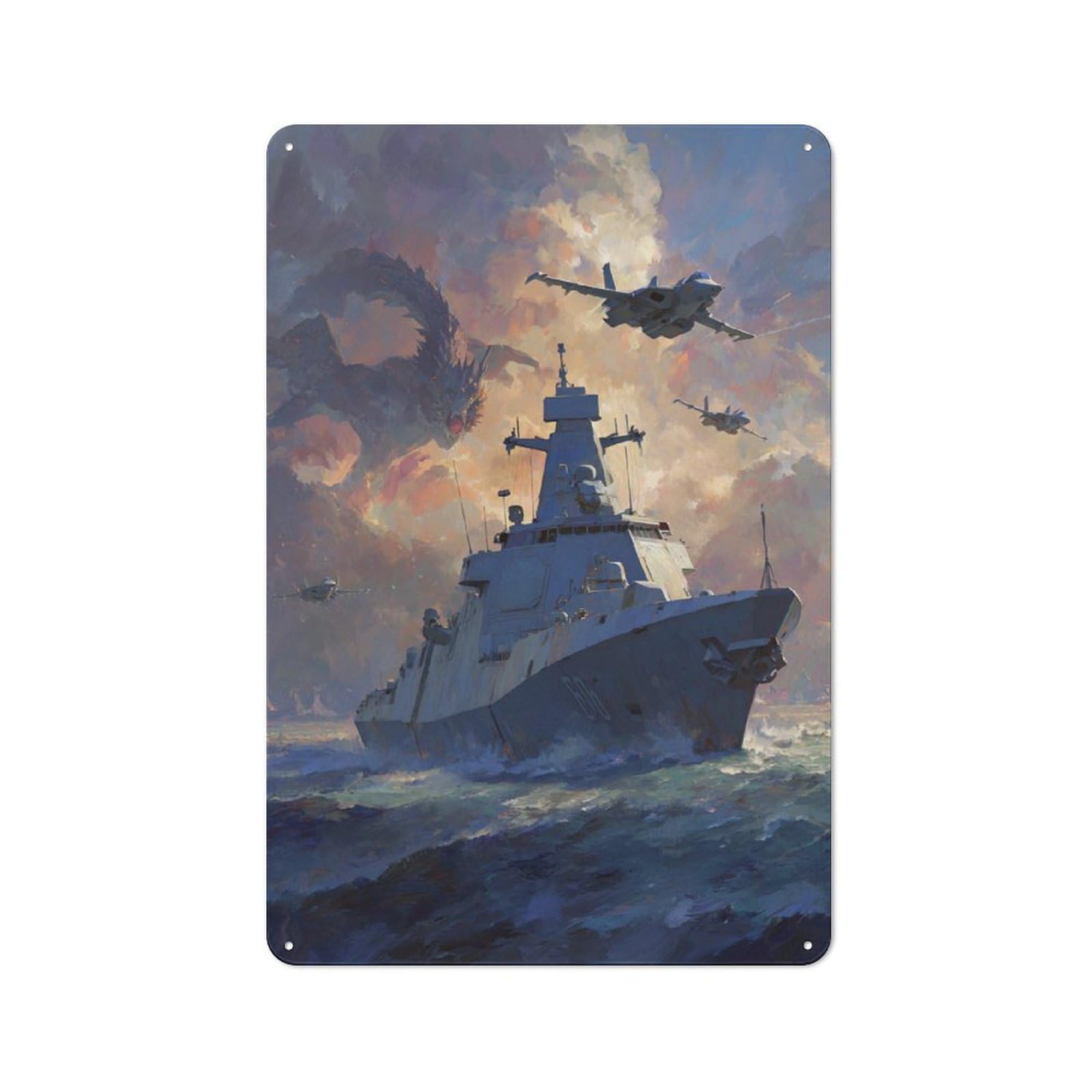 Junmoney Warship And Dragon Clash For Lounge Or Reading Corner, Retro Metal Sign 30X20cm, For Metal Sign Collectors, For Garage And Workshop Walls
