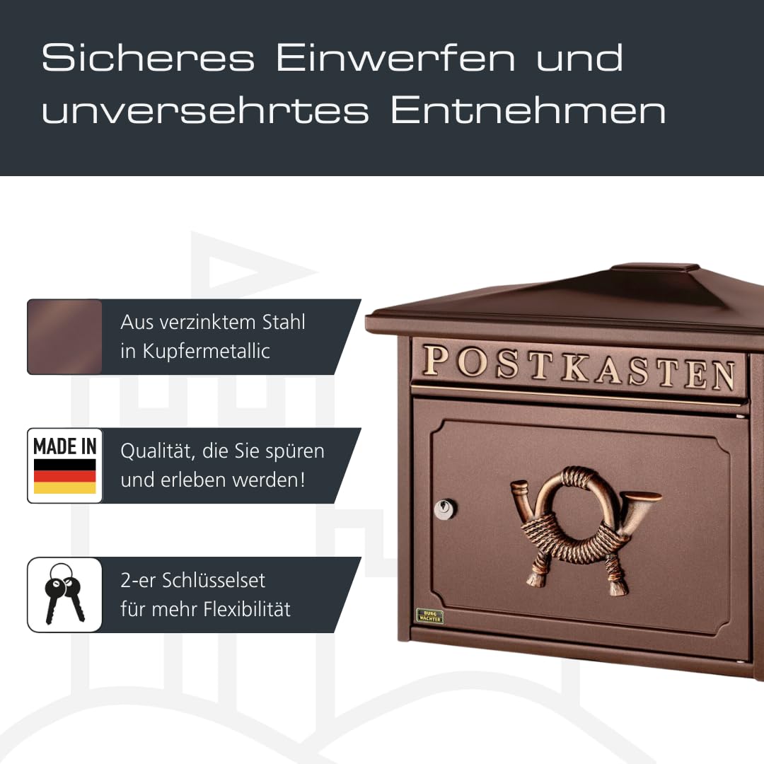 BURG-WÄCHTER Klassischer Briefkasten ohne Zeitungsfach und Namensschild, Verzinkter Stahl, Einwurf-Format DIN C4, 2 Schlüssel, Sylt 1883 K, Kupfermetallic