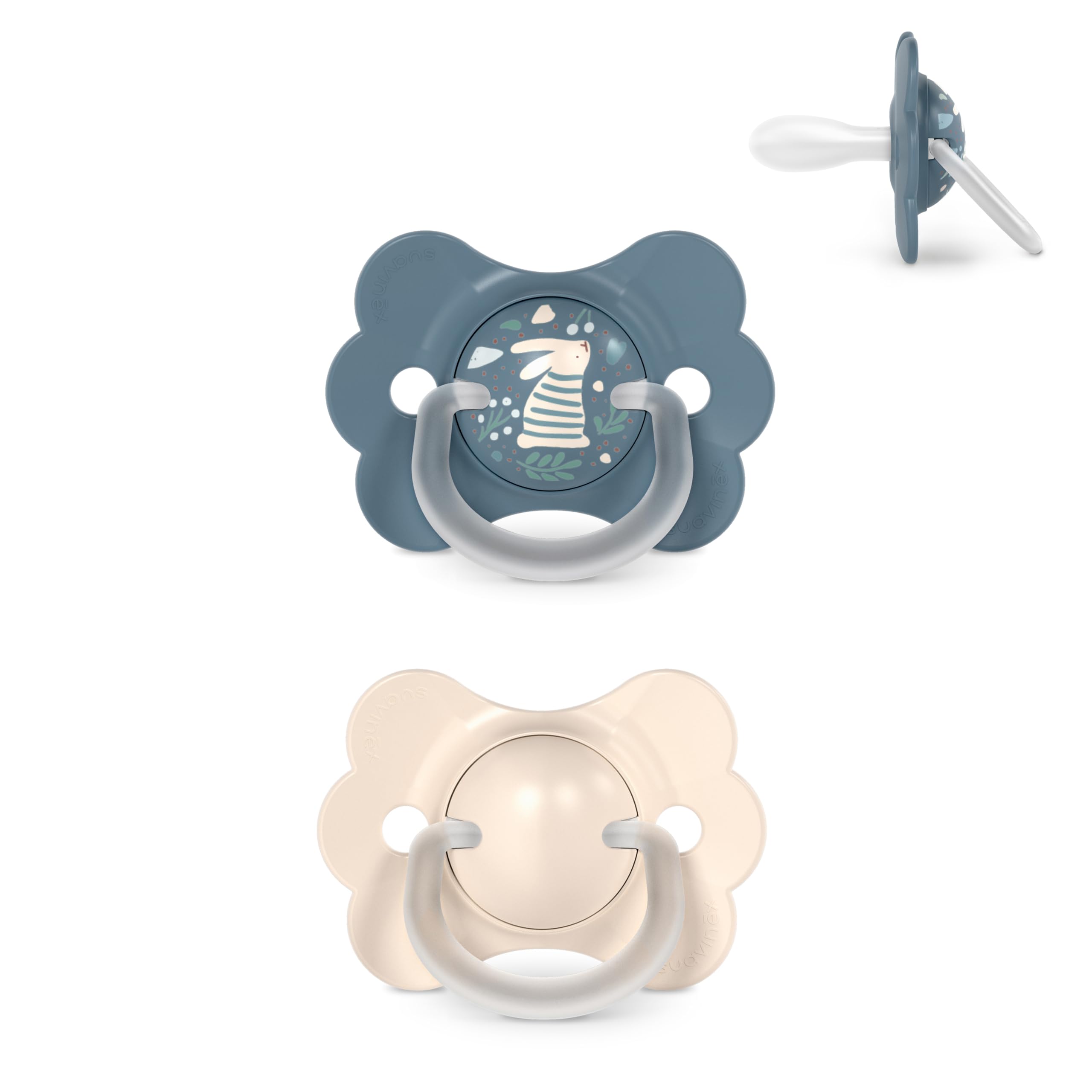 Suavinex, Pack 2 Chupetes Bebés 6/18 Meses, con Tetina Fisiológica de Silicona SX Pro, Simétrica, Plana y Flexible, Respeta el Desarrollo Bucodental, con Anilla, Evita Rozaduras, Wonder Beige + Azul