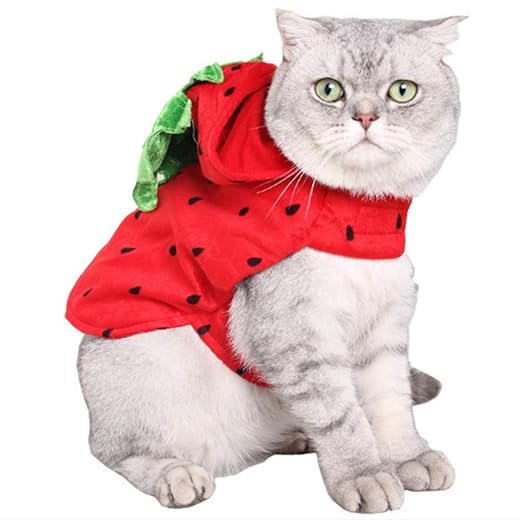 ANIAC Dog Halloween Costume Strawberry Cat Costume Red Puppy Hoody Christmas Dog Outfit with hat Warm Coat Pet Santa Poncho for Cats and Small Dogs