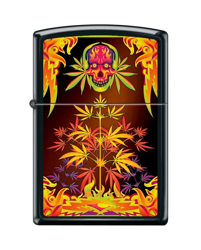 Encendedor Zippo Negro Mate Diseño Hoja y Calavera