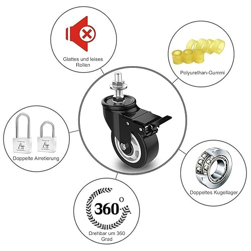 Miniatura 5 de COOWOO Ruedas giratorias de vástago de 3 pulgadas con bloqueo doble de seguridad, ruedas de vástago roscado resistentes de 516 a 18 x 1-12 pulgadas,