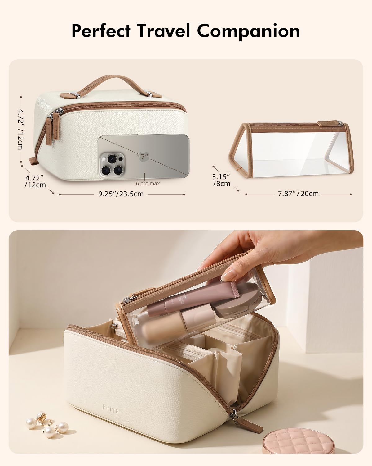 Prite 3 Pcs Trousse de Maquillage Voyage Femme avec 2 Poches en TPU, Beige | Trousse de Toilette, Vanity Case, 3 Compartiments, Pochette à Pinceaux, Hydrofuge, Cuir Vegan Grainé, Coffret Cadeau Inclus