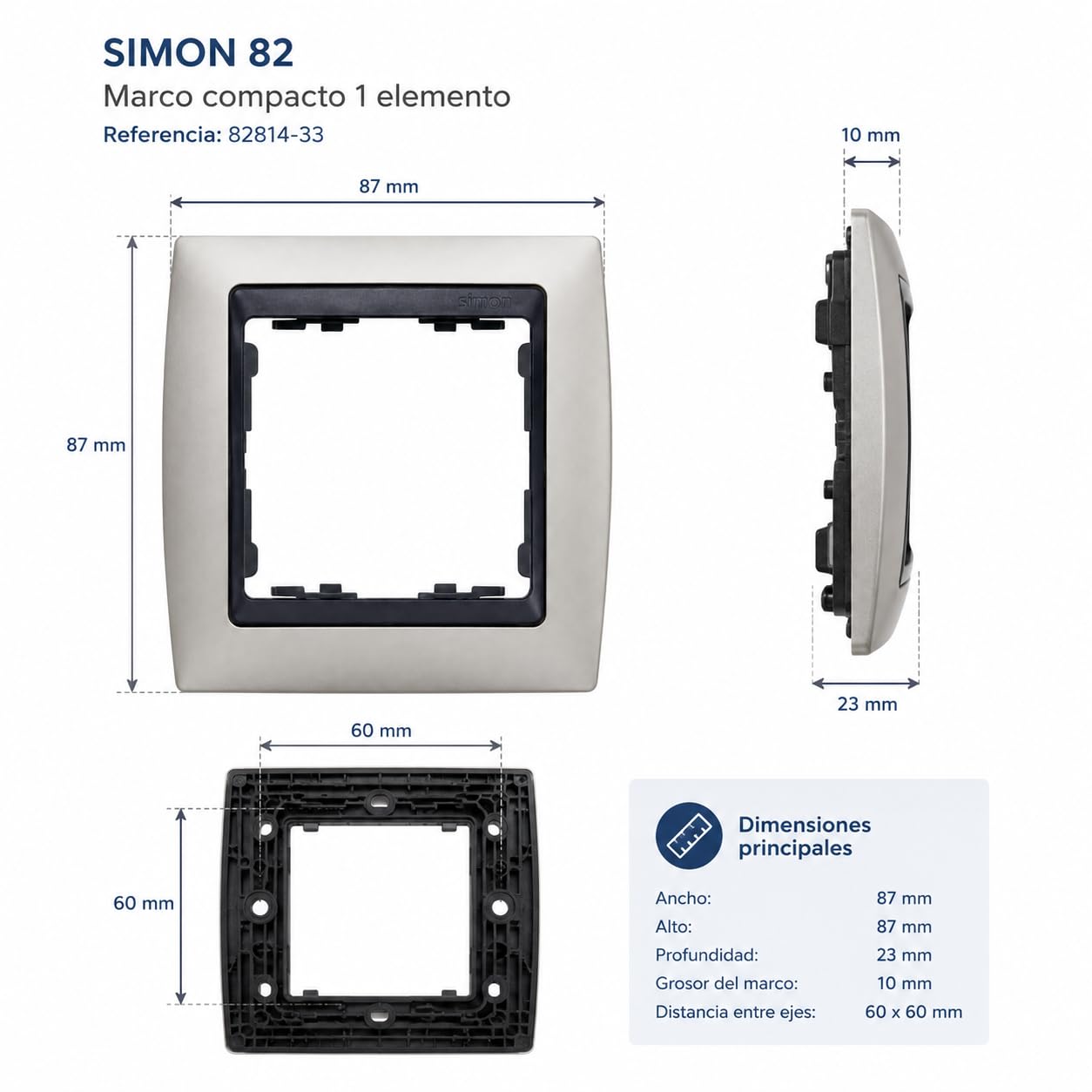 CABLEPELADO Marco compacto para 1 elementos Simon 82 | Marco de 1 elementos y bastidores | ‎82814-33 | Apto para superficie y empotrar | Dimensiones: 89x87 mm | Color Aluminio mate