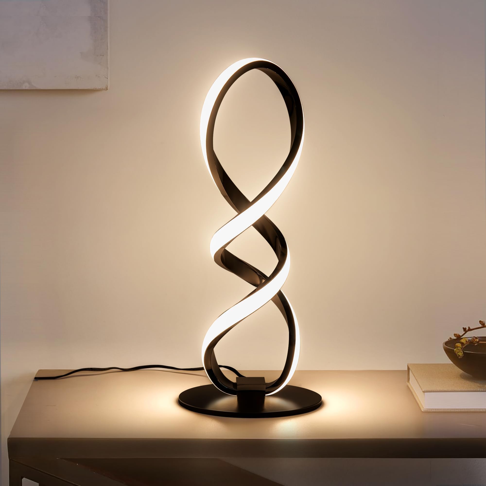 Modern Table Lamp - Stepless Dimmable LED Spiral Lamp, Black, 12W, 3200K, Warm White, Contemporary, for Bedroom, Living Room