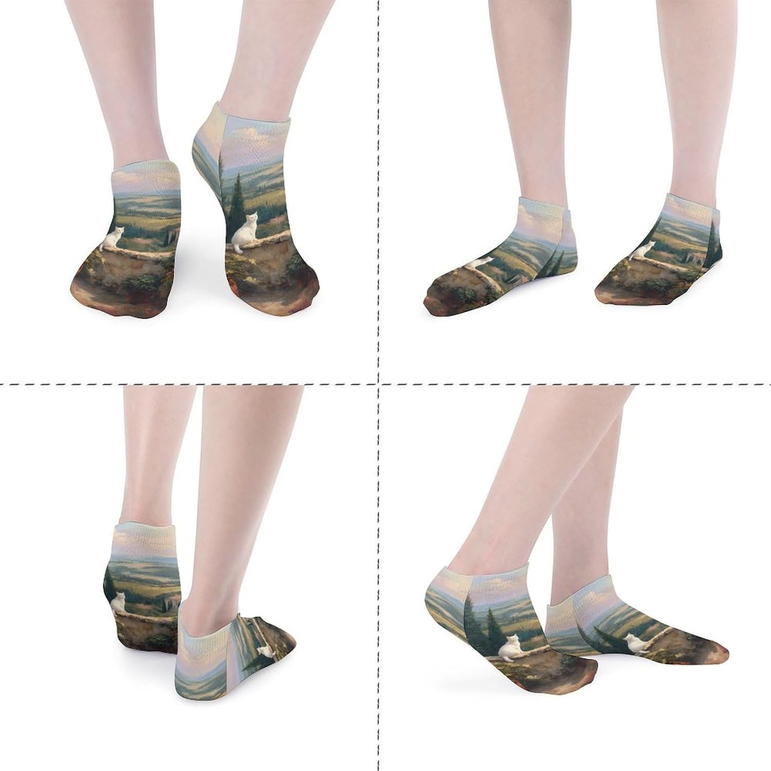 Cat Balcony Vineyard Hills No Show Ankle Socks Low Cut Non Slip Flat Boat Line 5 Pairs Set