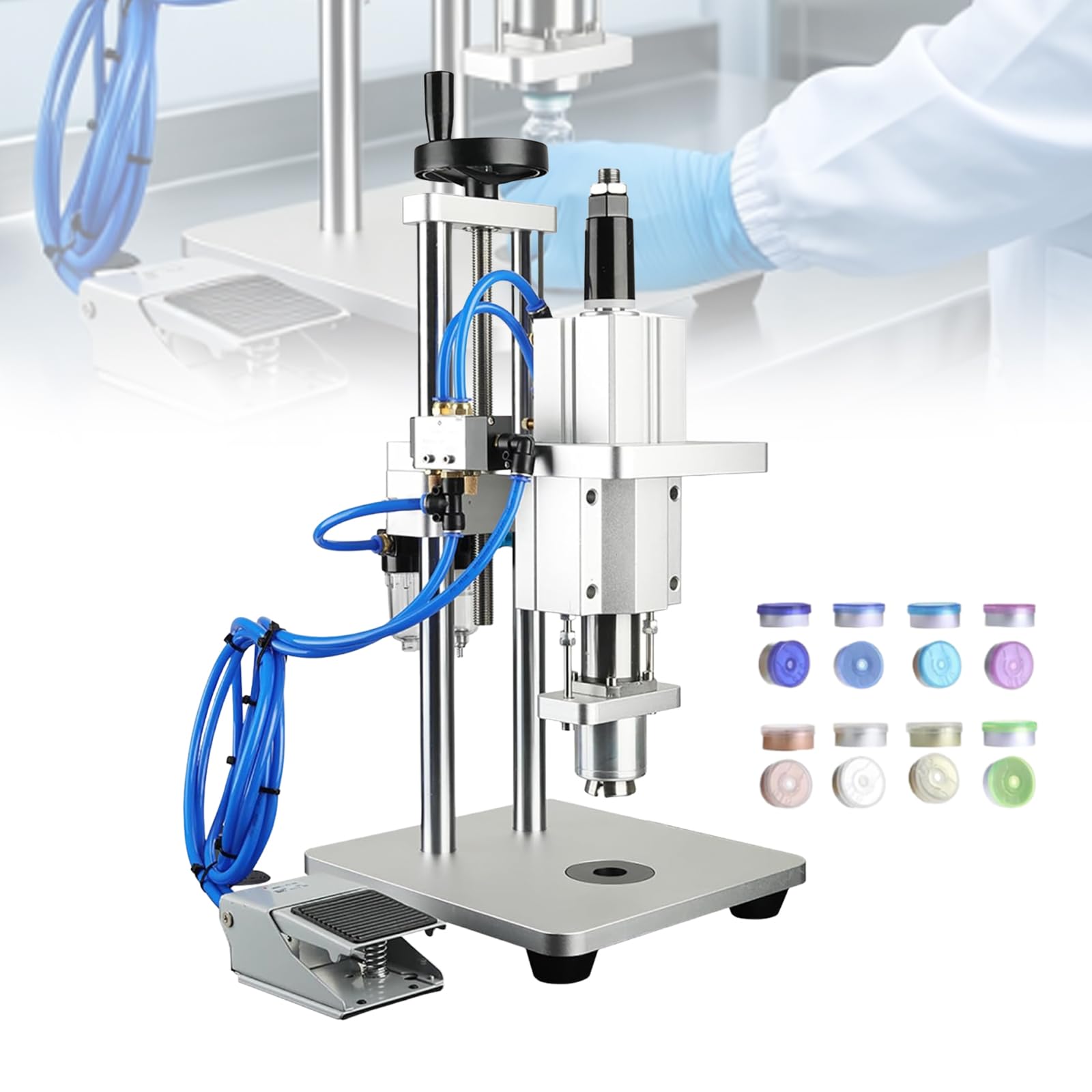 Máquina Engarzadora De Viales, Tipo Neumático Puro, Máquina De Sellado Semiautomática Neumática Para Aluminio Y Plástico, Ajuste De Altura + Interruptor De Pedal, Alta Eficiencia - 30-60