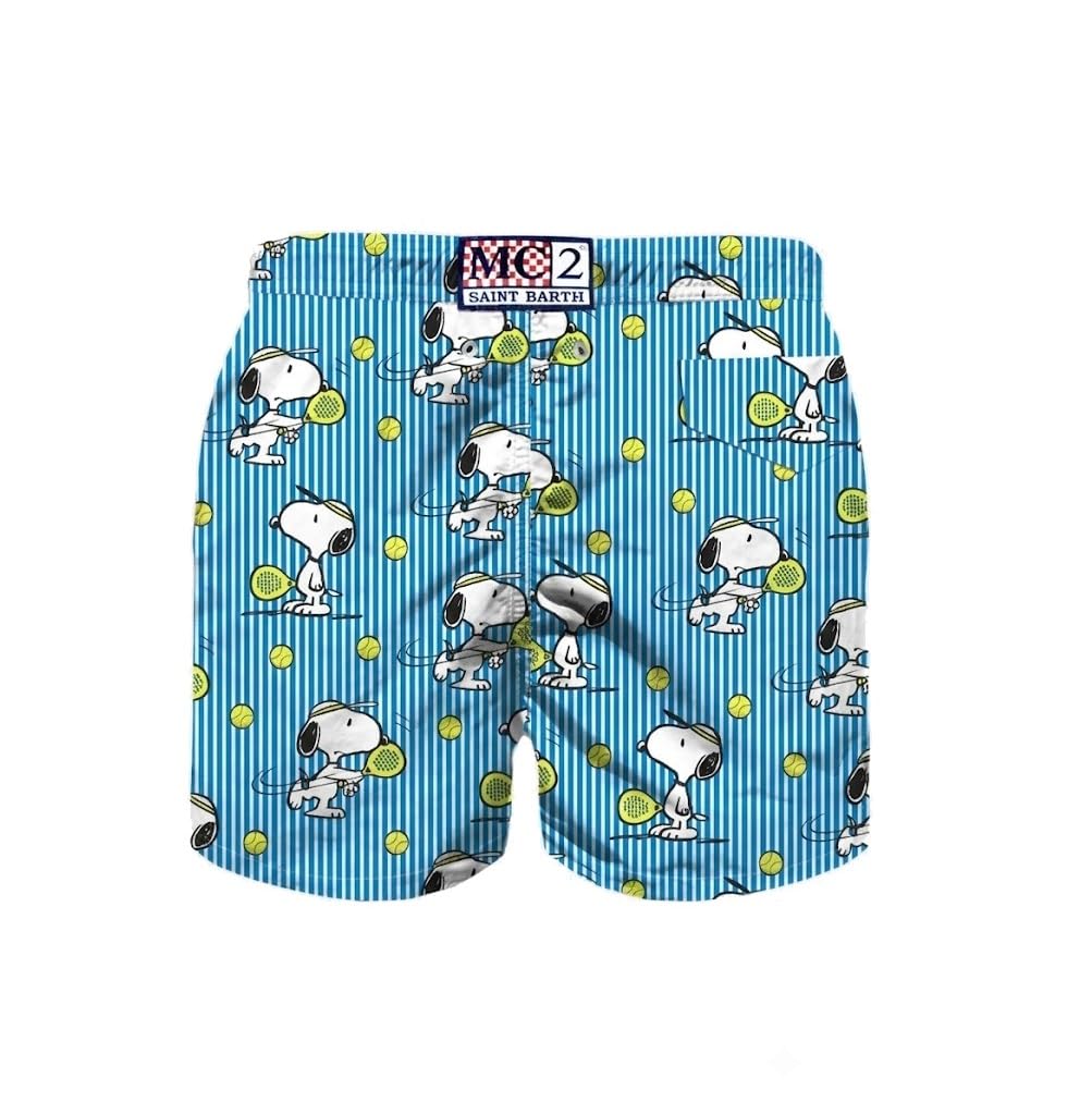 Saint Barth MC2 Costume Boxer Jean a Righe Bianche e Azzurre Stampa Tennis