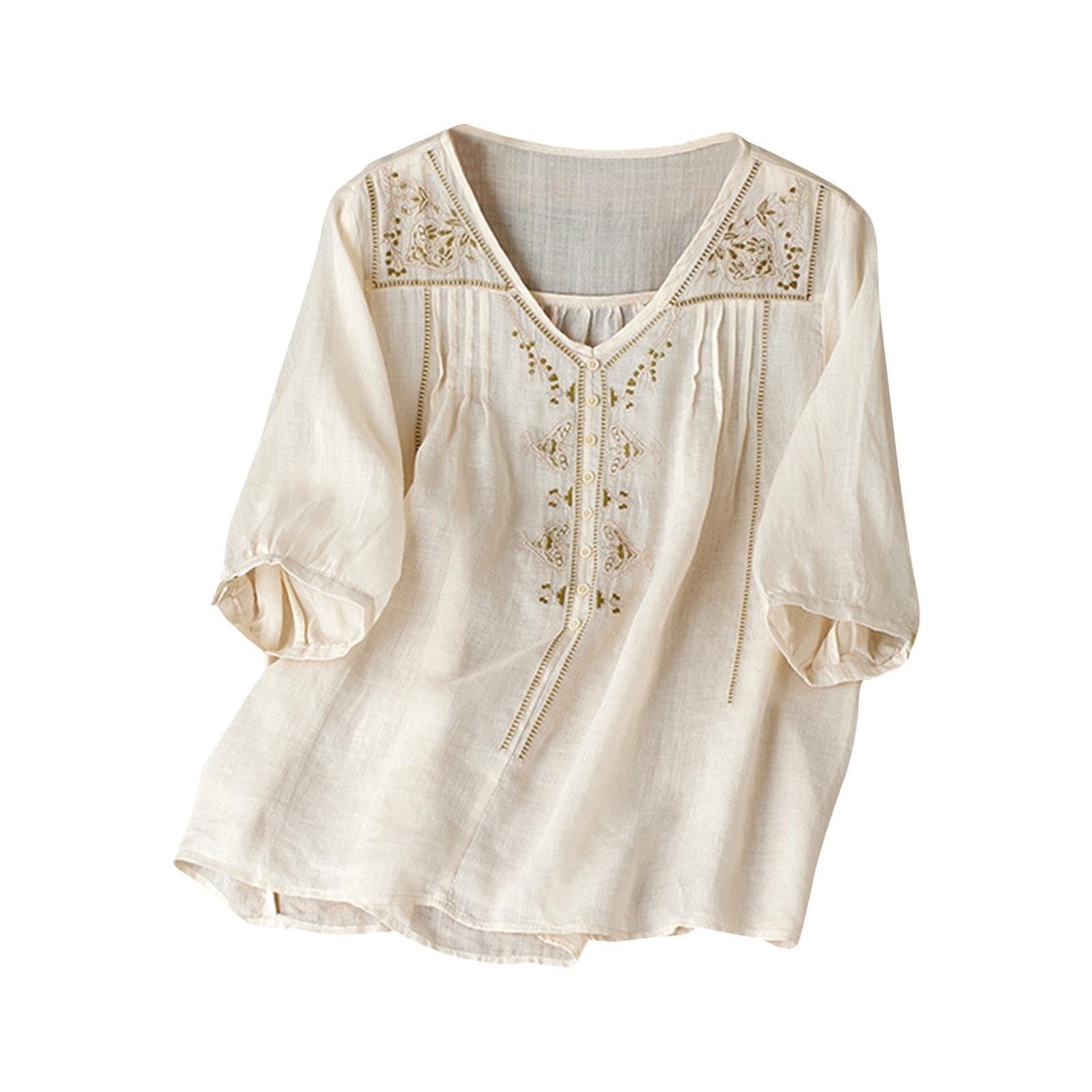 Floral Embroidered Tops Cotton Linen Shirts Boho Ethnic Style Tee Women 3/4 Sleeve V Neck Tunic Tshirt Athletic Sleeve (Beige-A, XL)