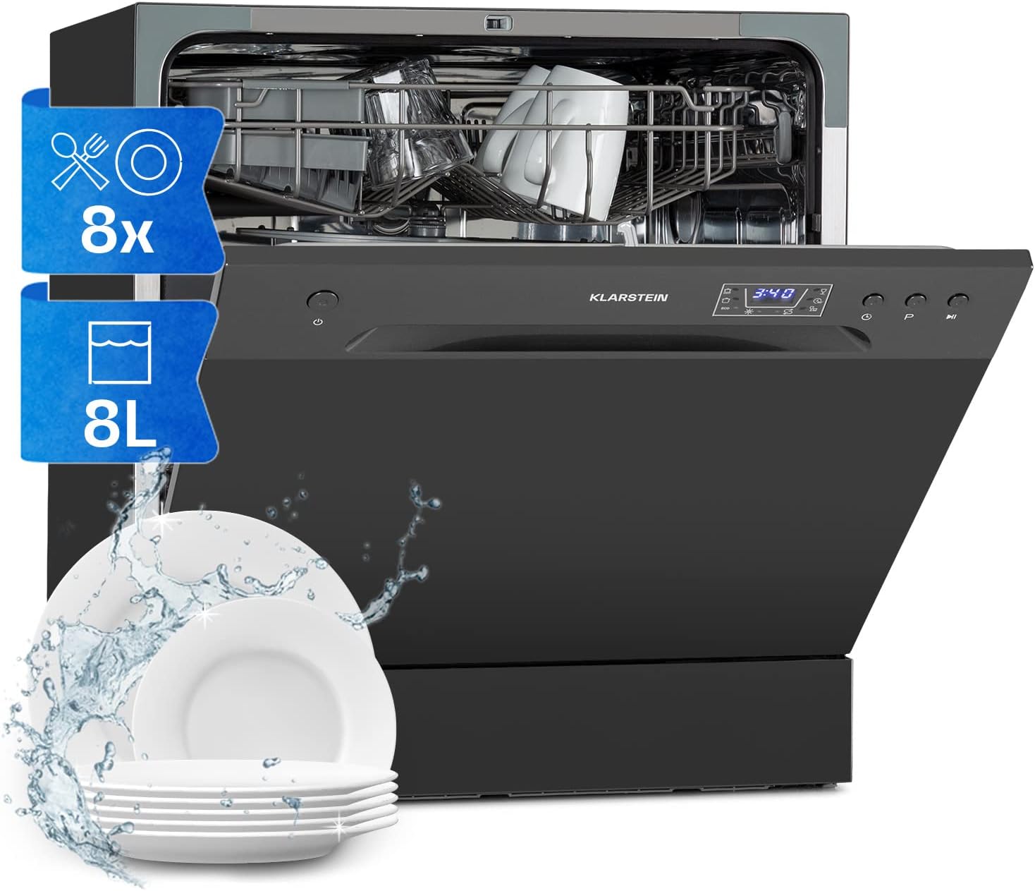 Klarstein Amazonia 8 - Mini Lavastoviglie, Classe A+, 1620 Watt, Posizionamento Libero, 6 Programmi, 2 Ripiani per Posate Estraibili, Aquastop, Tubo di Scarico Preinstallato, Nero [Classe di efficienza energetica F]