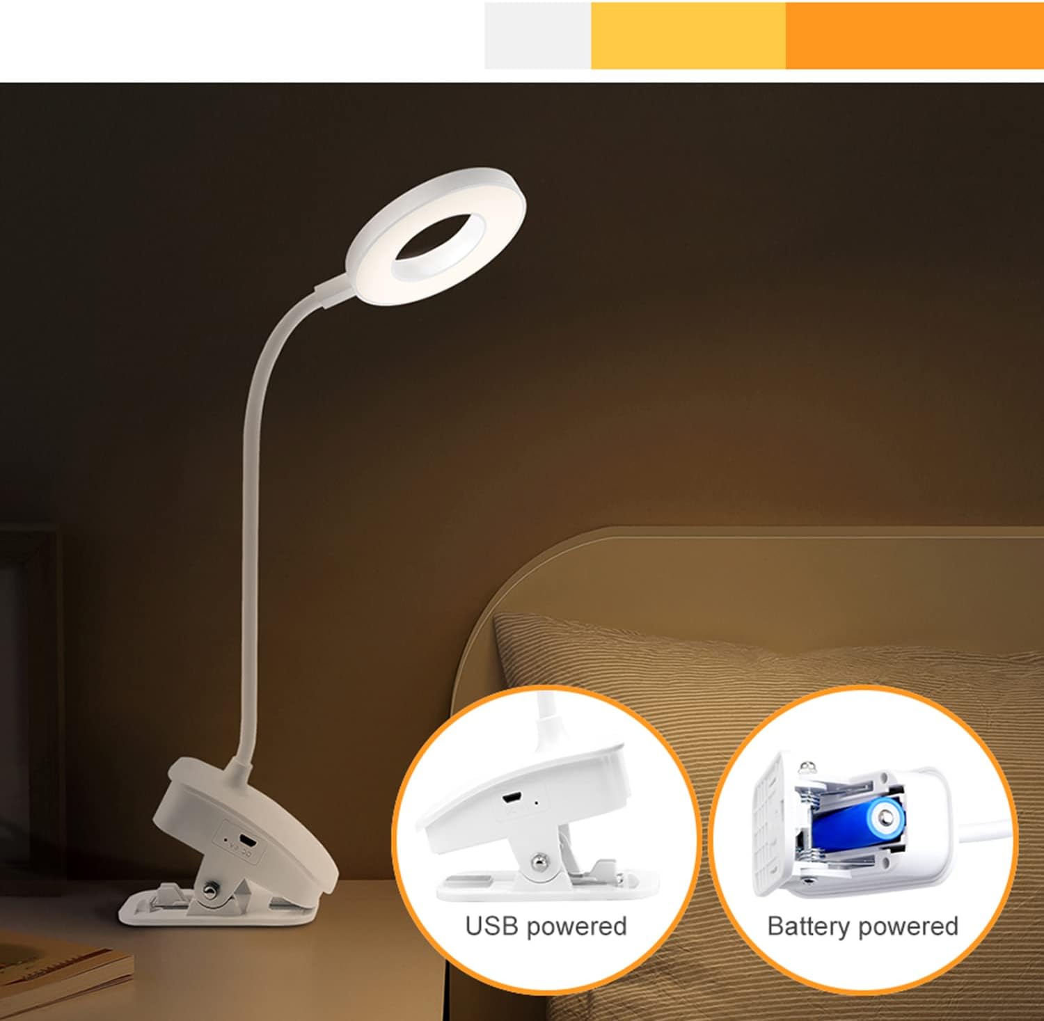 Recharge LED Desk Lamp with Clip Eye-Caring LED Light,3 Color Lighting Dimmable,Power by USB Port 5W 360° Adjustable Flexible LED Clamp Reading Light for Home Office