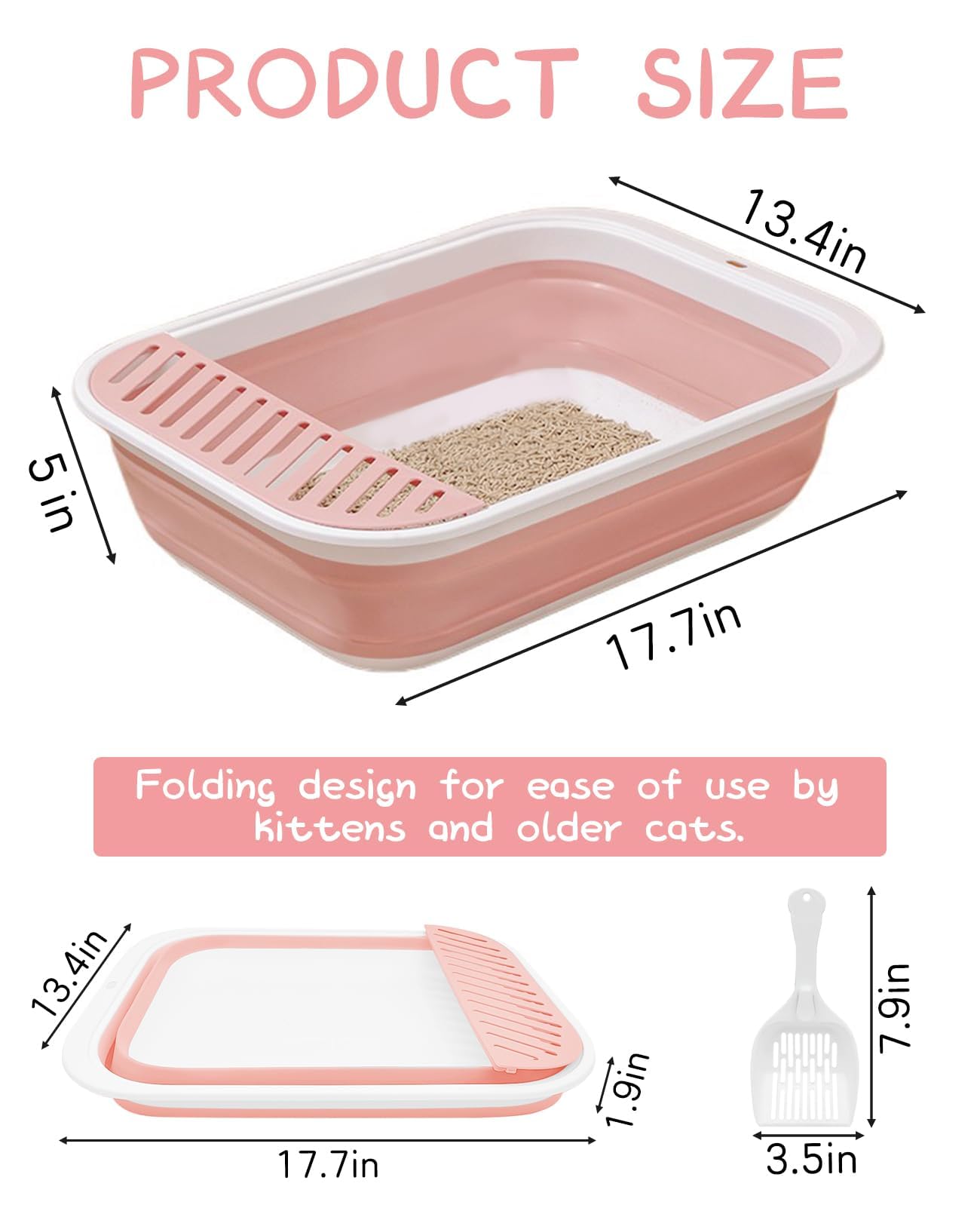 BNOSDM Foldable Small Cat Litter Box for Kittens Open Potty Pan Collapsible Cat Toilet with Scoop Senior Kitty Travel Shallow Litters Boxes Anti-Splash Waterproof for Small-Sized Cats Pink