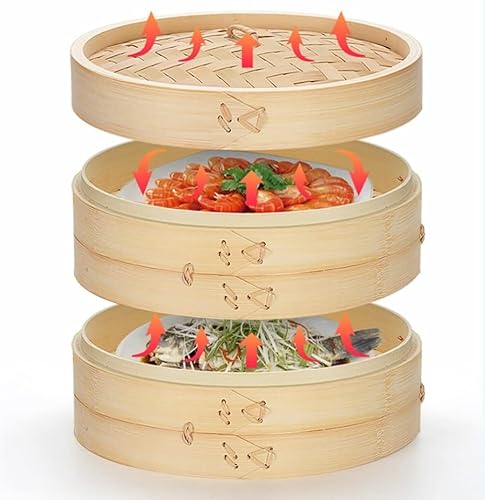中華蒸篭 天然竹製 多用途 IH対応 鍋つき蒸篭2段(本体2個蓋1個)セット 業務用 せいろ蒸し器 餃子 饅頭 点心 中華料理専用 (30cm)