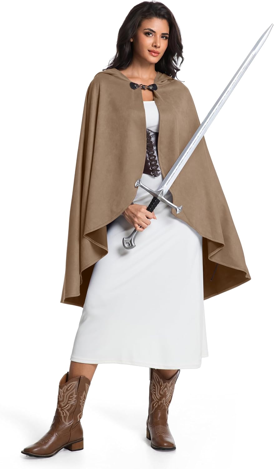 Medieval Hooded Cloak for Women Men Renaissance Hobbit Halloween Costume Cape Short Pile Wizard Witch Outfit