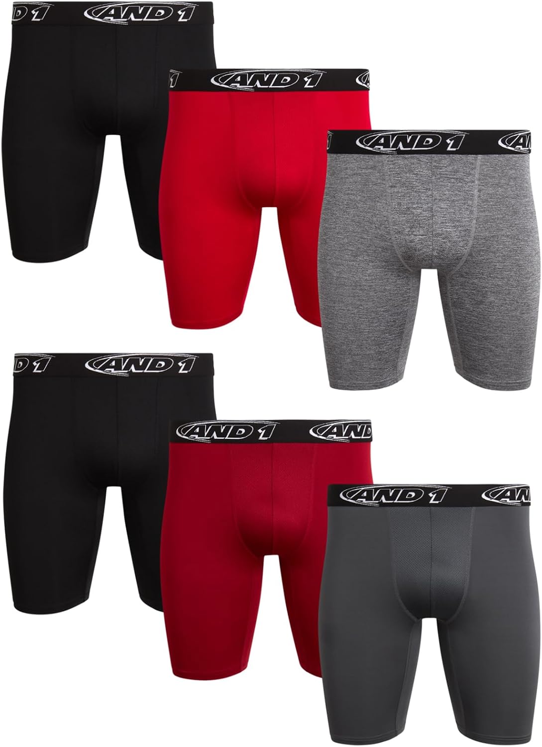 AND1 Mens Boxer Briefs - 6 Pack Platinum Performance Long Leg Boxer Briefs with Pouch - Boxers for Men, 9" Inseam (S-3XL)