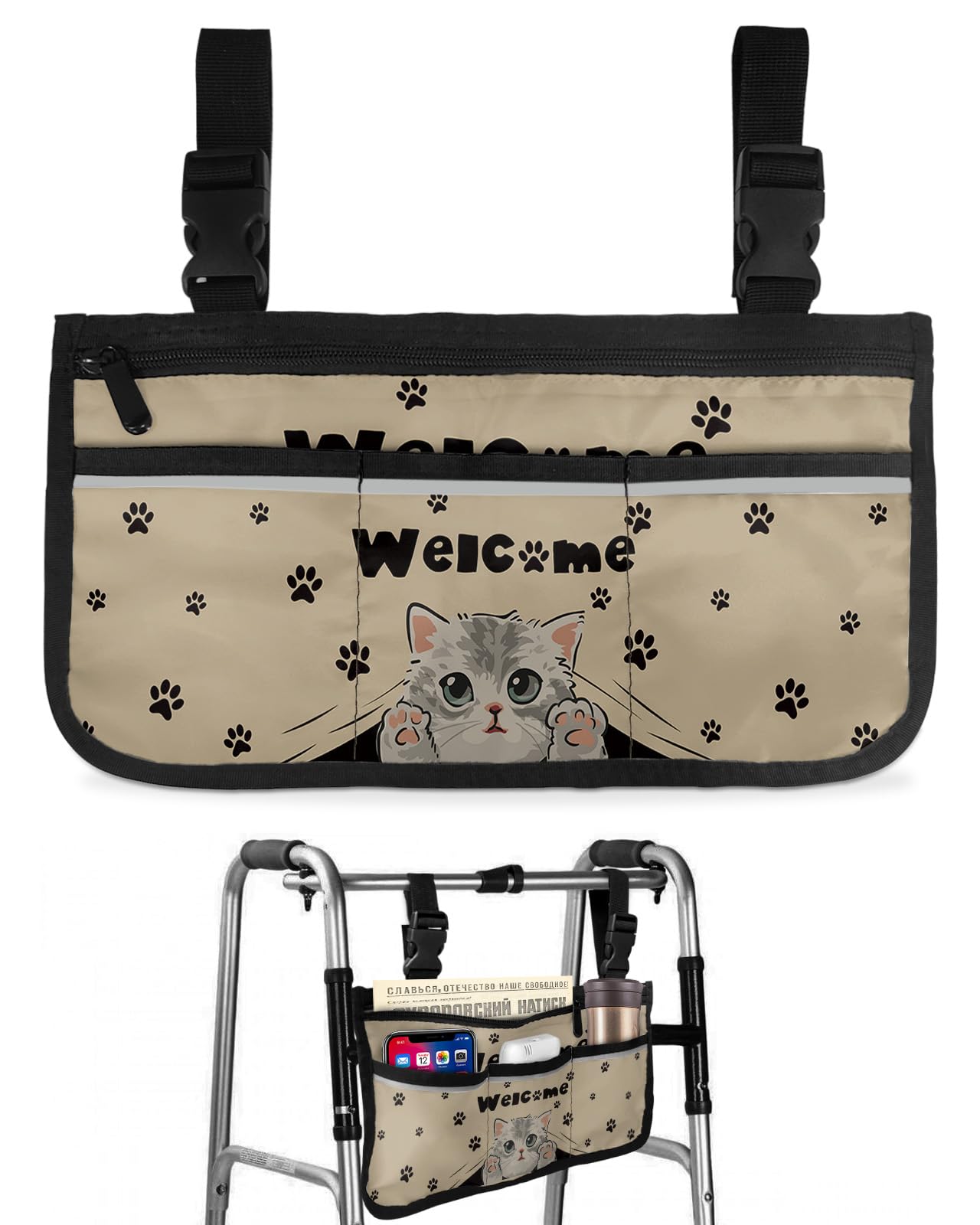 Adorable Cat Welcome Wheelchair Side Bag Walker Bag, Retro Paws Footprints Wheelchair Accessories Armrest Pouch, Organizer Storage Bag for Walkers, Rollators, Scooters, 7.3''x13''