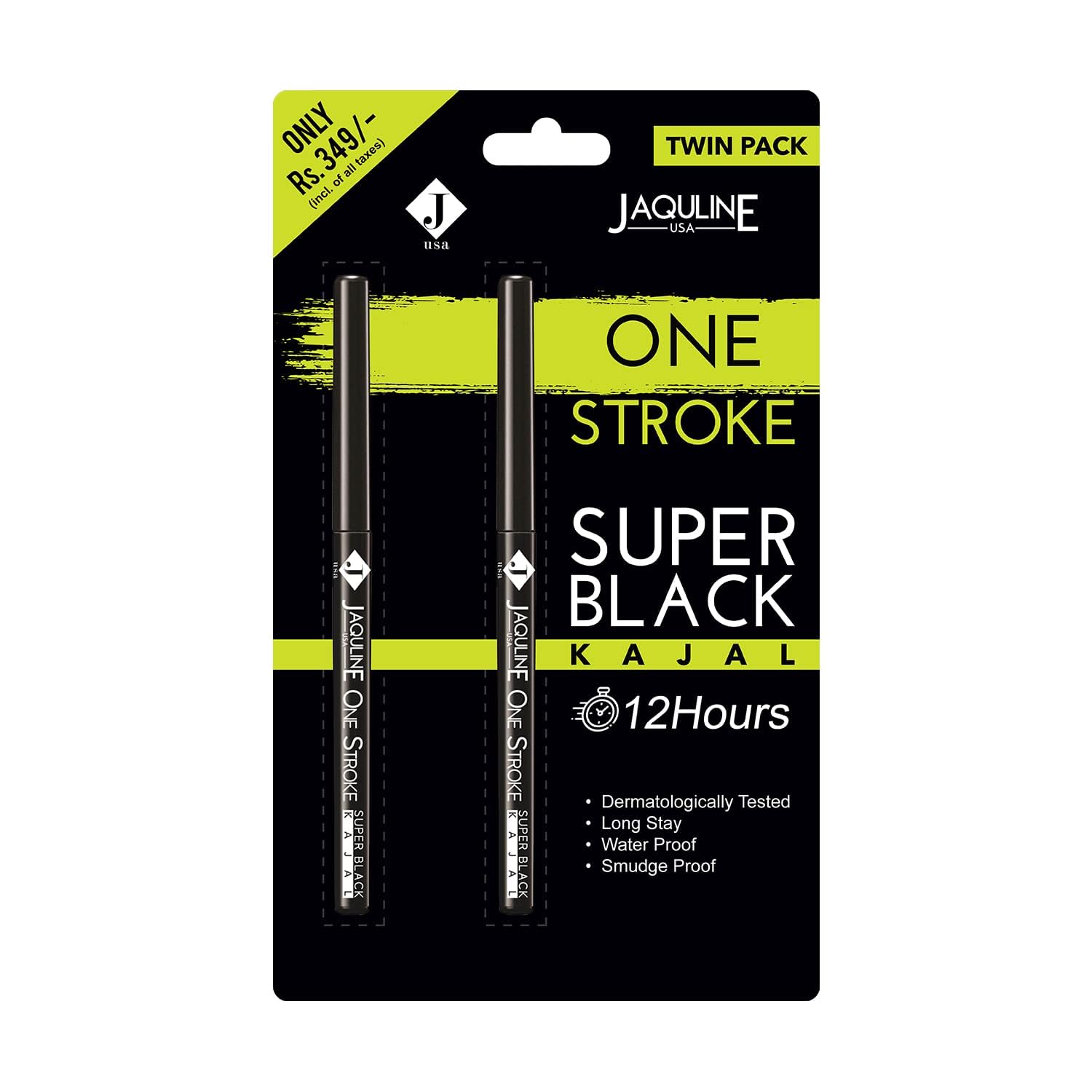 JAQULINE USA One Stroke Black Kajal for women Waterproof & Smudge-Proof | 12Hr Long Stay | Darkest Black | Lightweight | One Stroke Application | Easy Twist Format - 30g - Pack of 2