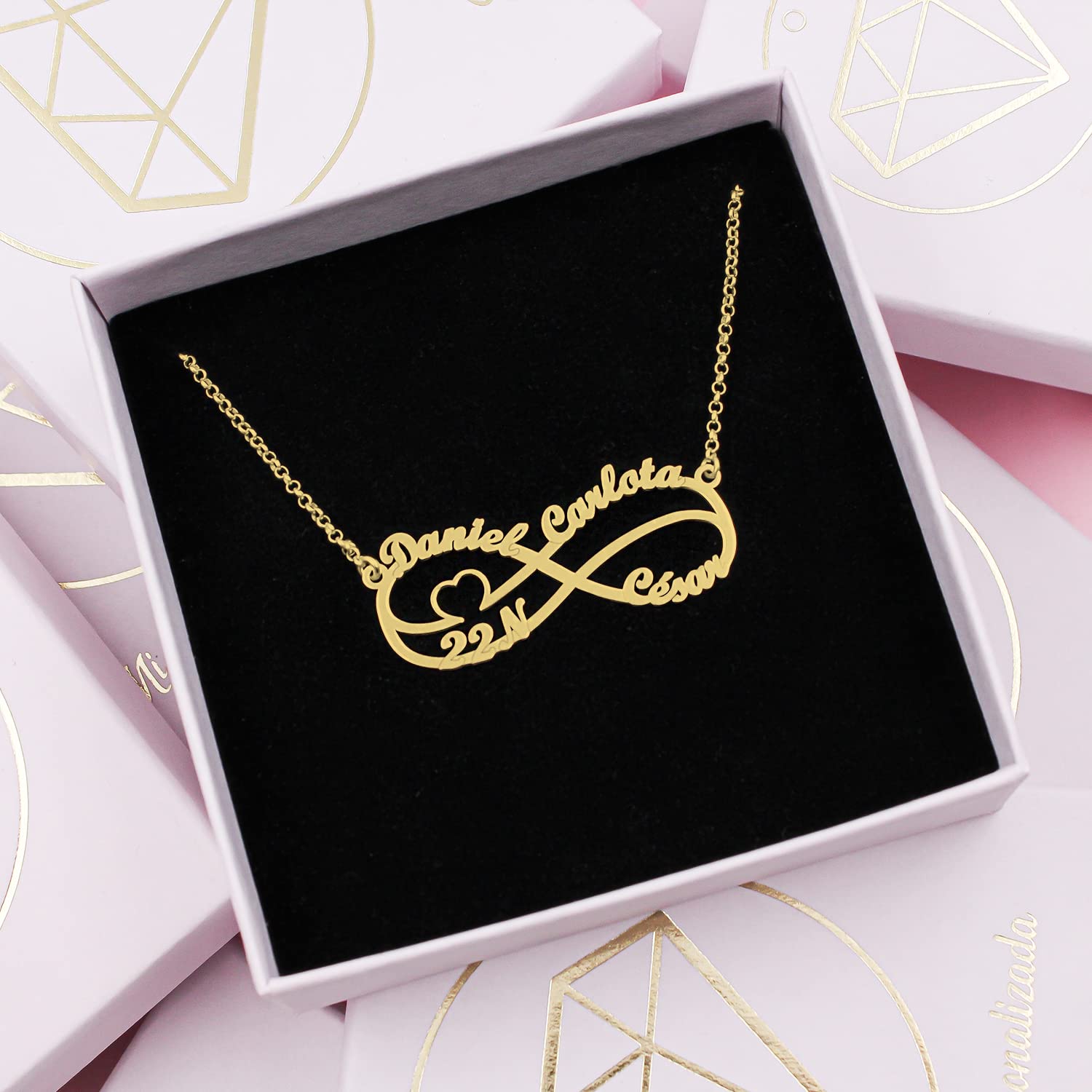 Collar Infinito Mujer Plata de Ley con Corazón personalizado con hasta 5 nombres Regalo para Novia, Madre, Abuela o Día de Enamorados o Navidad