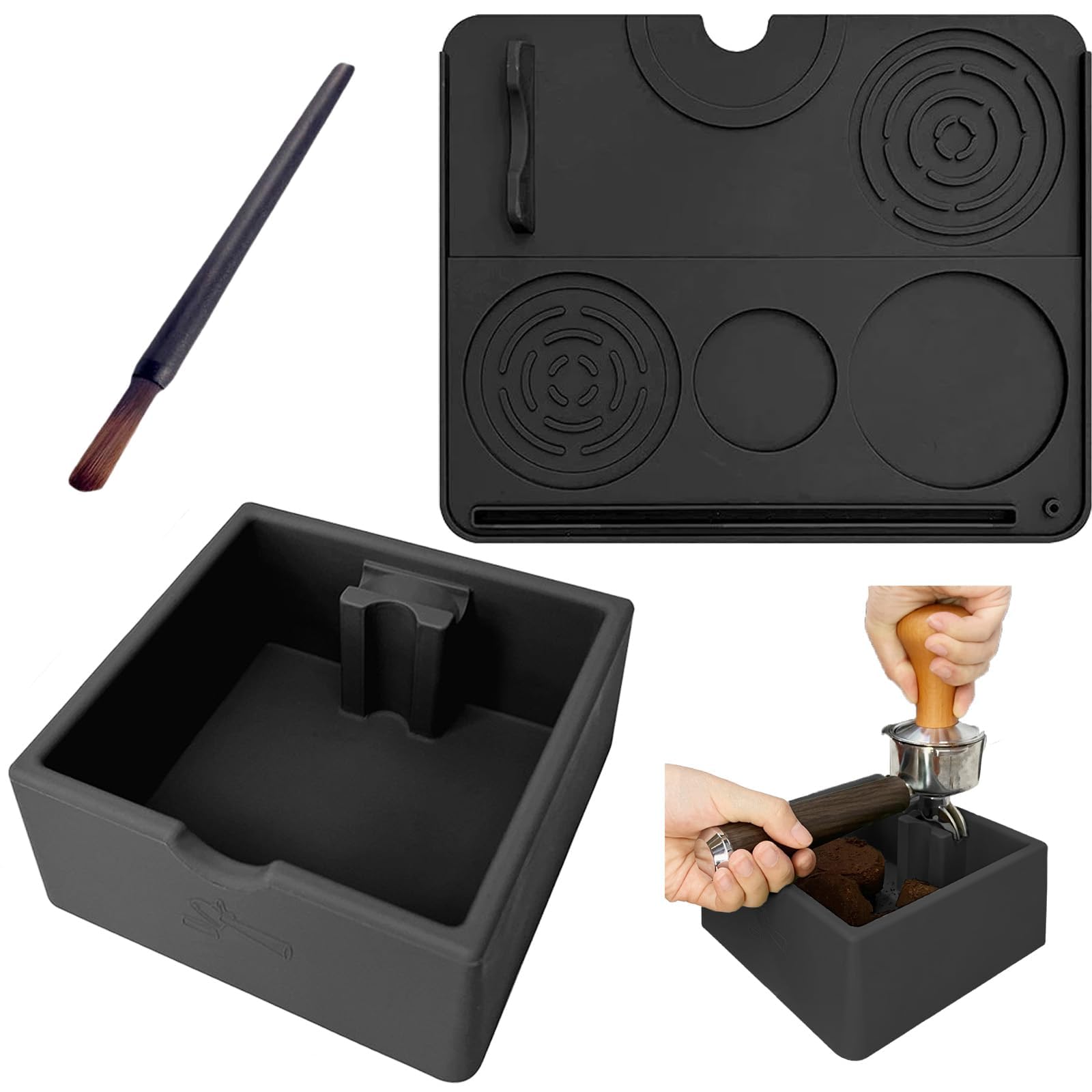 MOMAHUA Espresso Coffee Knock Box, Silicone Coffee Tamping Station 3-Piece Set Knock Box Tamper Mat and Cleaning Brush Non-Slip Espresso Accessories Heat Resistant Barista Kit for Home Cafe Black