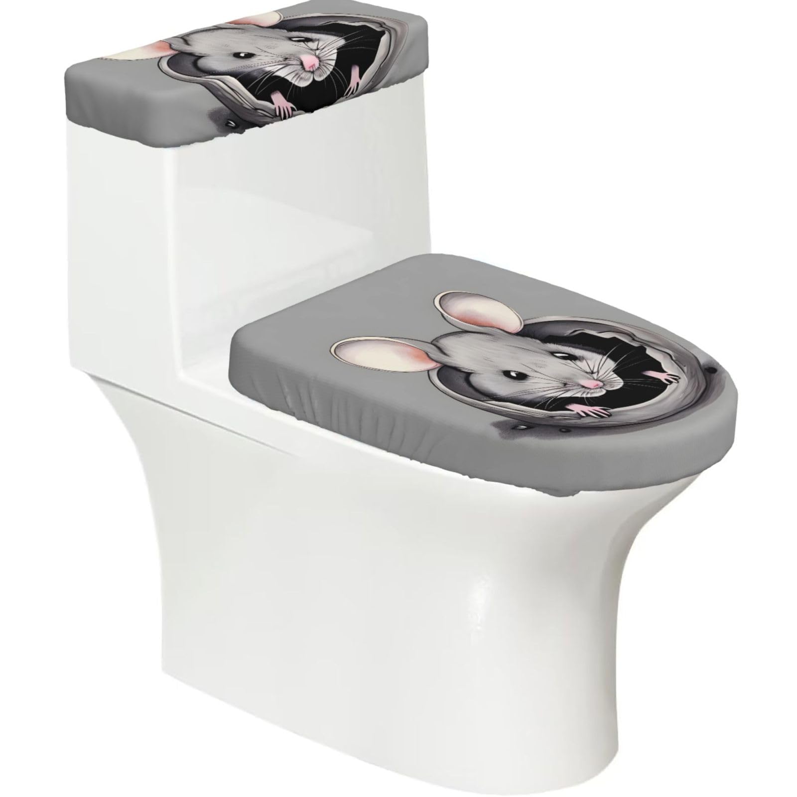 Grey Rat Elastic Toilet Cover Set of 2-Stretchy Lid and Tank Covers for Bathroom, Soft Washable U Shape Toilet Decor