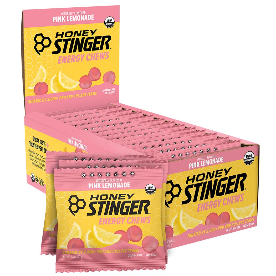 Honey Stinger Organic Pink Lemonade Energy Chew, Gluten Free & Caffeine Free, for Exercise, Running and Performance, Sports Nutrition for Home & Gym, Pre and Mid Workout, 12 Pack, 21.6 OunceUSDA Organic